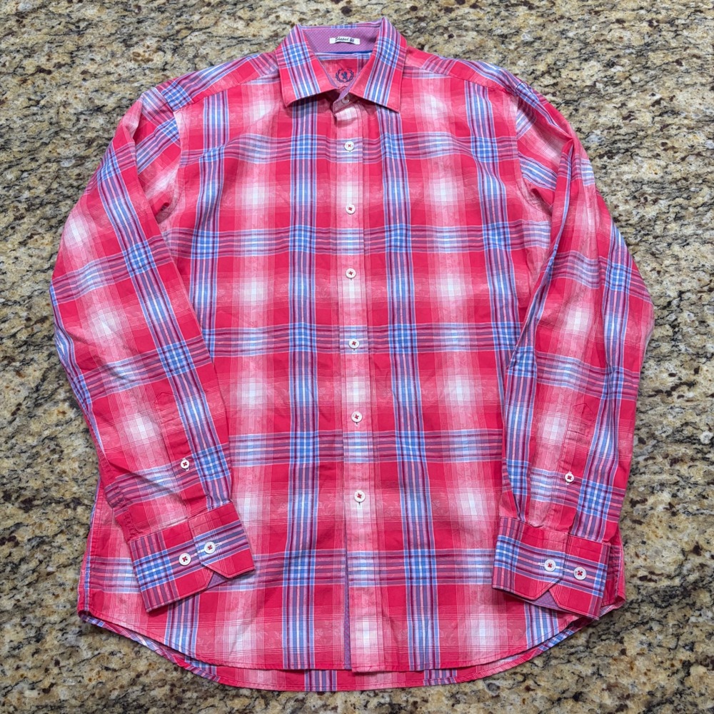 Bugatchi Uomo Mens Medium Shaped Fit Pink Blue Plaid Button Down Shirt ws